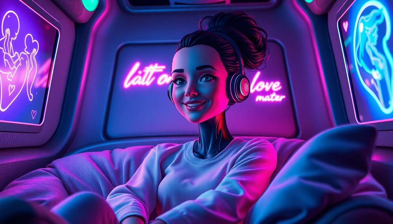A digital scene of a futuristic AI avatar in a neon-lit virtual environment, showcasing immersive visuals and textures.