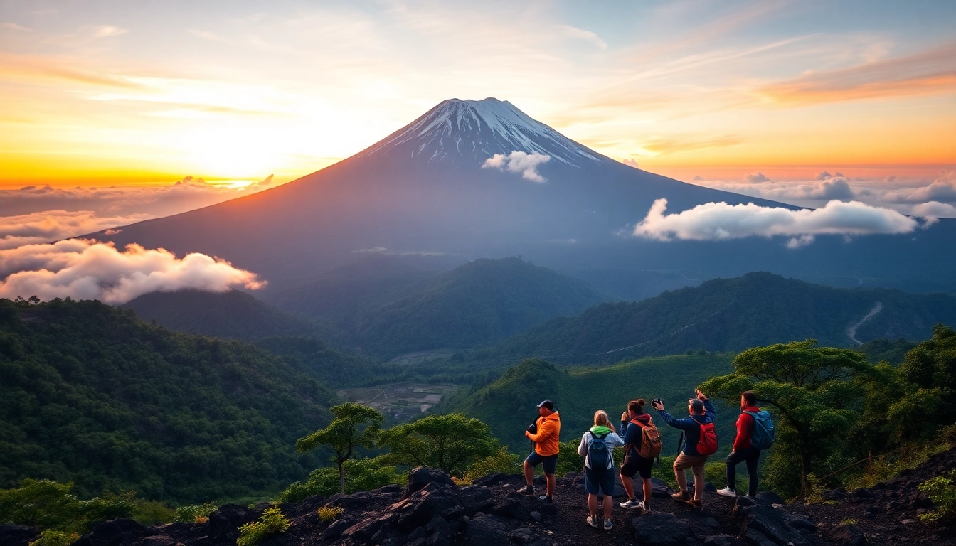 Hikers enjoying a sunrise view of Mount Rinjani from a scenic viewpoint, with lush forests and the mountain in the background.