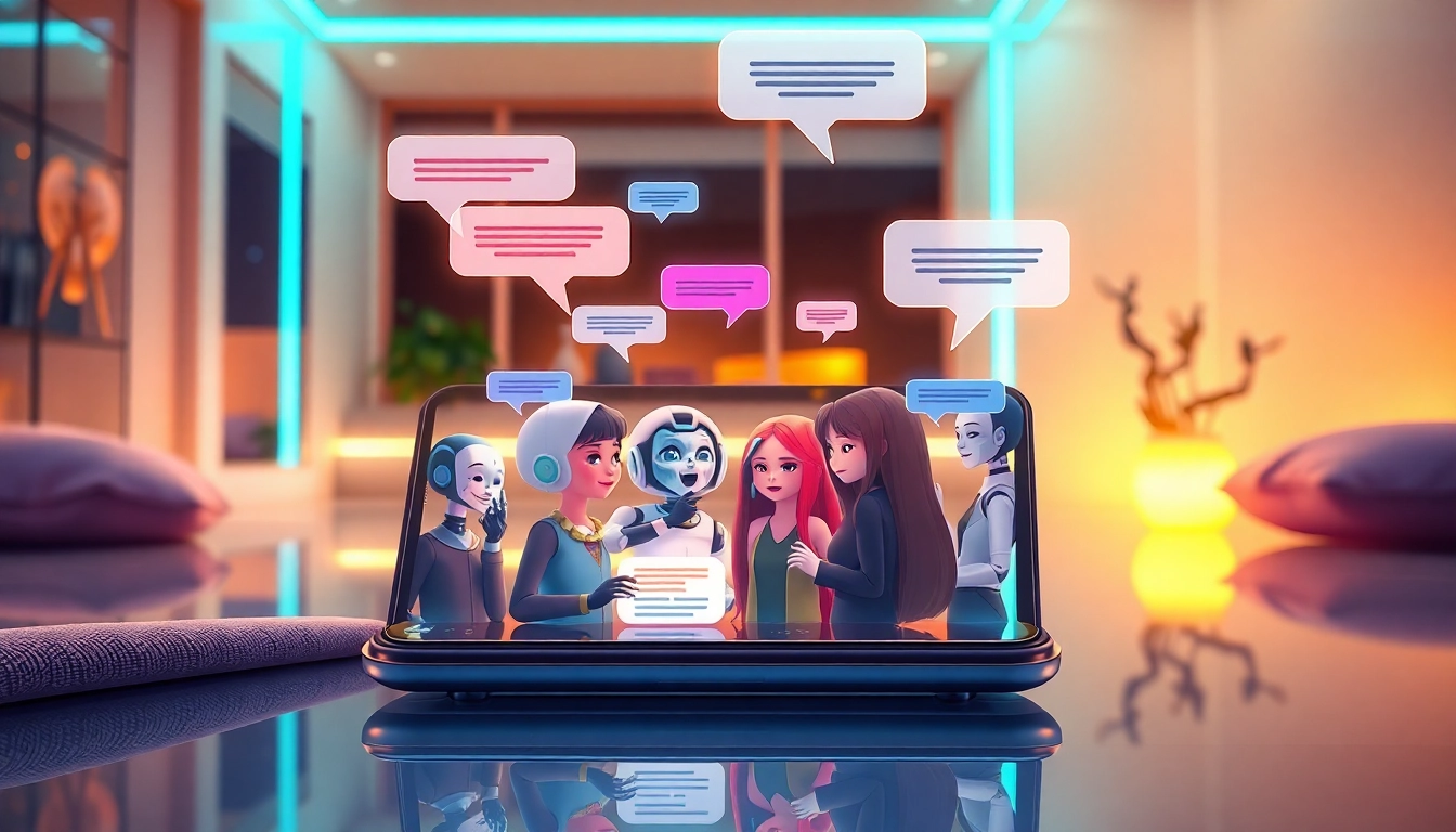 Futuristic digital chat interface with animated AI characters engaging in lively conversations on a smartphone screen.