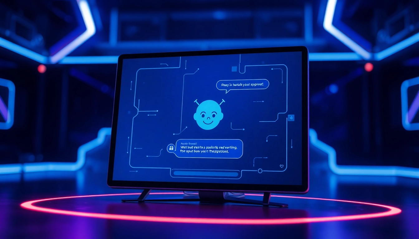 Futuristic digital chat interface with AI character on screen in a neon-lit tech environment.