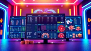 Illustration of an online sportsbook and casino platform with screens showing betting odds and casino games, neon lights, and a vibrant, energetic atmosphere.