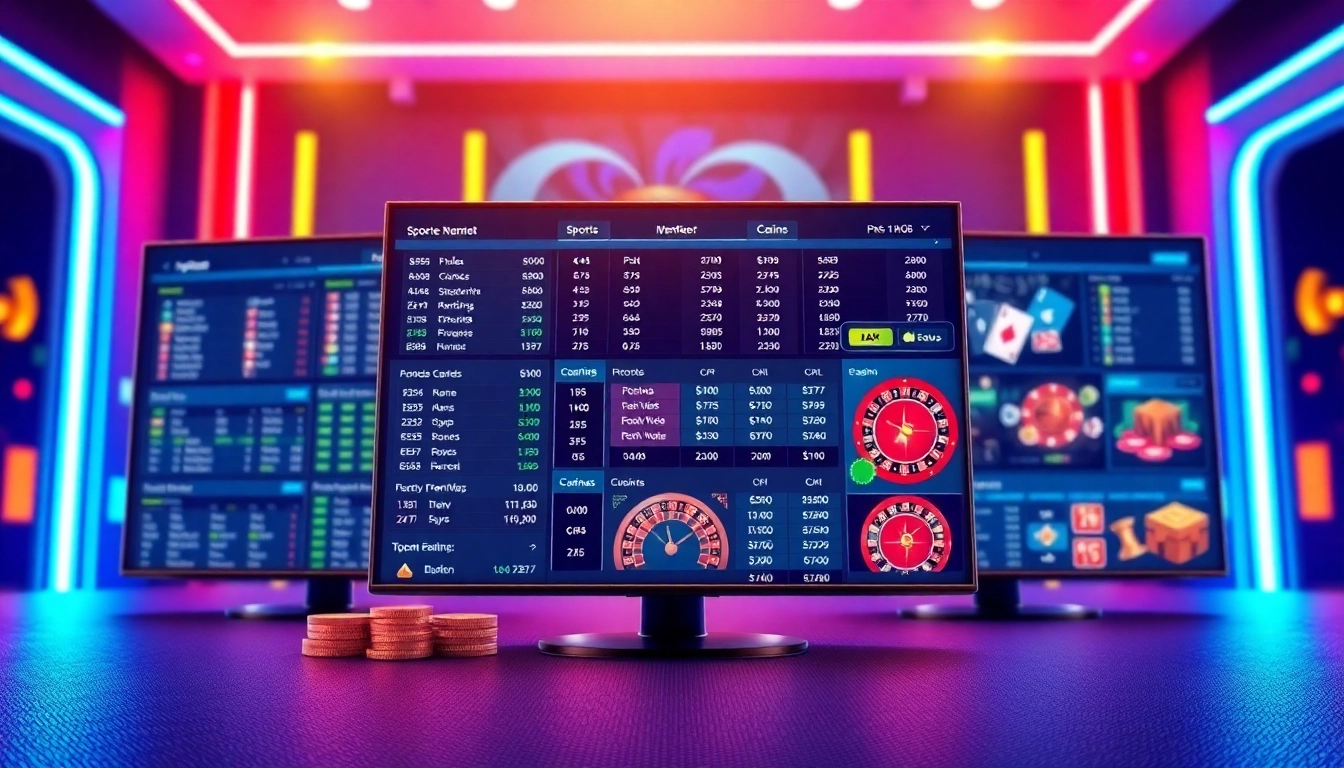 Illustration of an online sportsbook and casino platform with screens showing betting odds and casino games, neon lights, and a vibrant, energetic atmosphere.