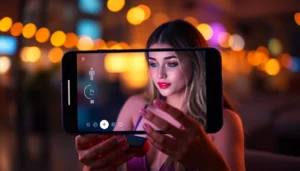 AI girlfriend engaging in a natural, vivid conversation on a sleek smartphone, showcasing emotional connection and tech sophistication.