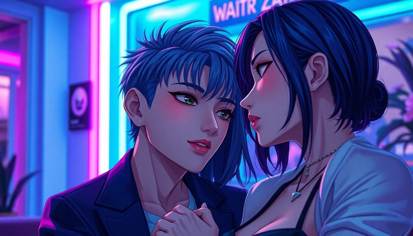 Hyper-realistic anime-inspired characters in an intimate, neon-lit environment with vibrant colors and soft lighting.