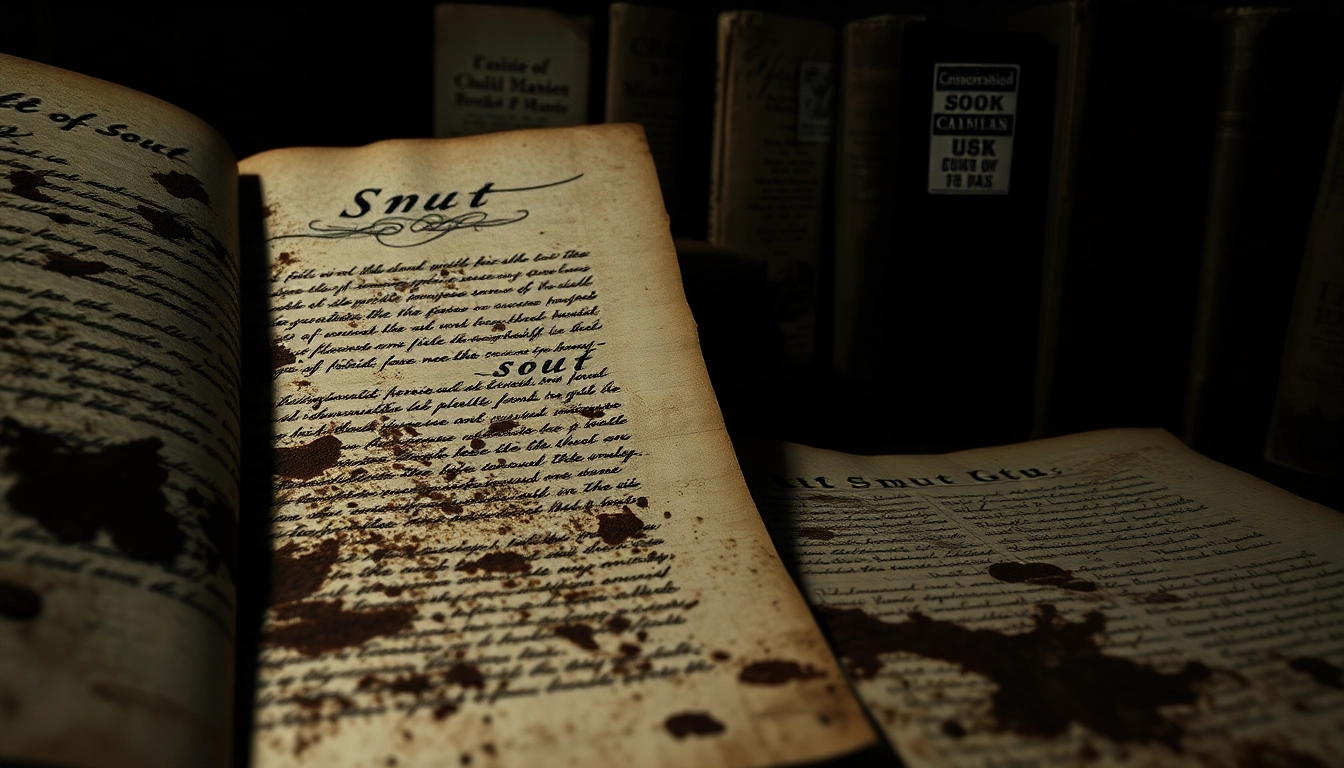 Historical manuscript pages with dirt stains and vintage book covers in warm sepia tones.